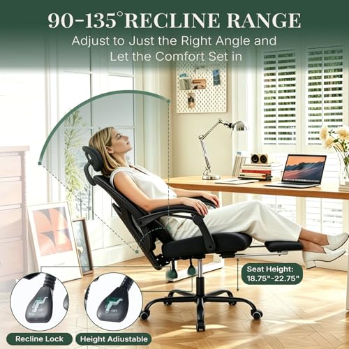 Image of Ergonomic Office Chair with Footrest, High Back Home Desk Computer Chair with Lumbar Support & Headrest, 90-135 Reclining Mesh Back with Wheels for Work, Gaming, Black