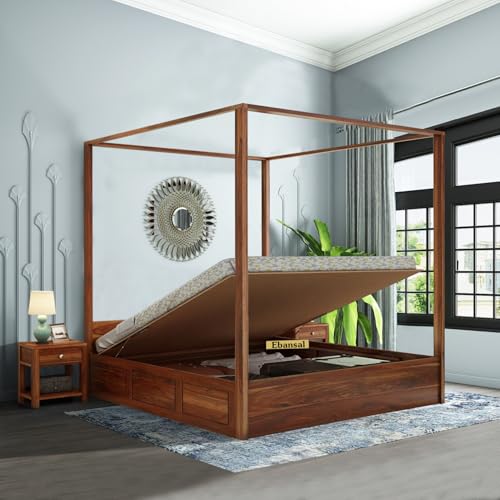 Image of Solid Sheesham Wood Queen Size Poster Bed Hydraulic Storage for Bed Room Living Room Home Wooden Double Bed Palang Solid Wood Bedroom Furniture for Hotel (Honey Finish)