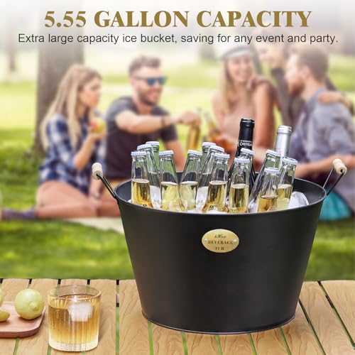 Large 5.5 Gallons Beverage Tubs for Parties, 21L Ice Bucket with Wooden Handles, Black Galvanized Tub, Ideal Party Tubs for Drinks