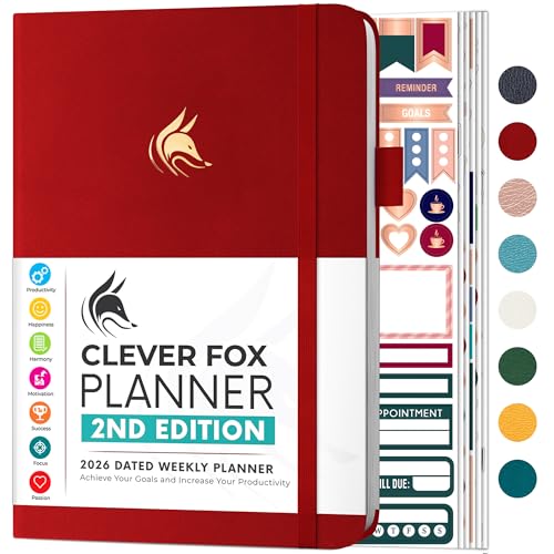 Clever Fox Planner 2nd Edition Dated Jan 2026-Jan 2027 – Colorful Weekly & Monthly Goal Setting Planner, Habit Trackers, Time Management and Productivity Organizer, Gratitude Journal, A5 (Red)