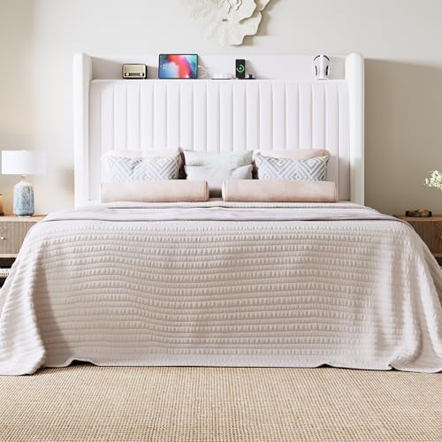 Image of Allewie Full Size Platform Bed Frame with USB Charging Station and Storage Shelf /Upholstered Velvet Wingback Headboard /Wooden Slats Support /No Box Spring Needed /Easy Assembly, White