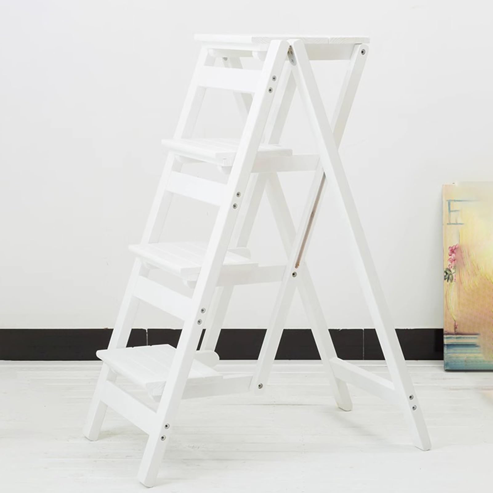Wooden Folding Ladder - Multi-Function Step Stool and Display Stand, Portable Chair for Indoor and Outdoor Use, Ideal for Plant Racks,White