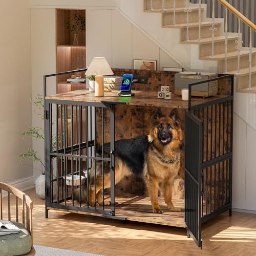 GIODIR Wooden Dog Crate with Feeder Bowls