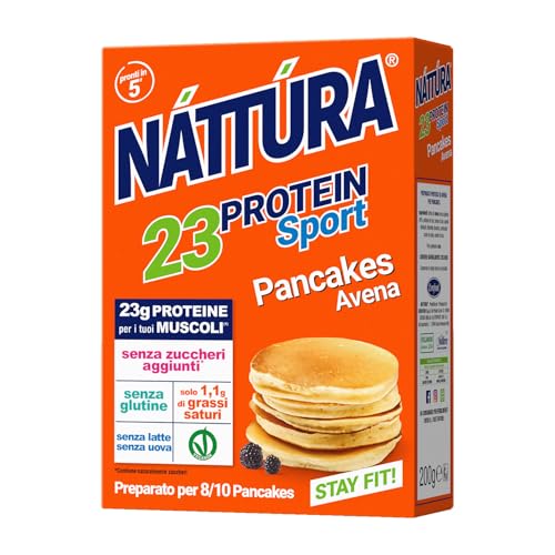 NATTURA PROTEIN SPORT Pancakes all'Avena, Prepara 8/10 Pancakes Proteici, Pancakes Senza Glutine, Senza Latte e Uova, Senza Olio di Palma, 23% di Proteine, 200g