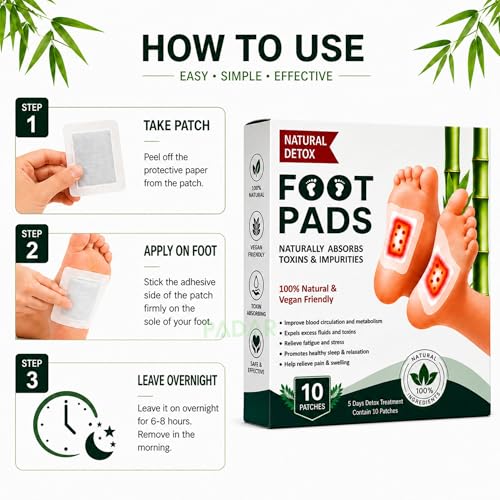 Image of Herbal Detox Foot Pads (Pack of 10) | Natural Bamboo Vinegar Foot Patch for Relaxation & Sleep Support | Gentle Herbal Ingredients for Daily Wellness, Foot Care & Comfort | Easy Overnight Use