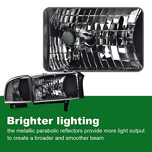 Image of GRAND ORANGE Headlights Assembly, Compatible with Dodge Ram 1500 2500 3500 1994 1995 1996 1997 1998 1999 2000 2001 2002 Black Housing Clear Corner Lamps(Clear lens Black Housing Clear Reflector)
