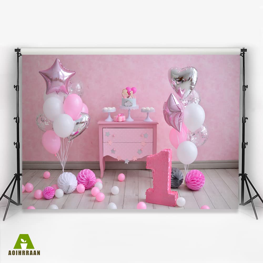 Aoihrraan 3,5x2,5m Kinder 1. Geburtstag Hintergrund Kuchen Tisch Luftballons Papier Blume Rosa Wand Geburtstag Zimmer Dekor Fotografie Hintergrund für Mädchen Prinzessin Party Baby Dusche Foto Prop