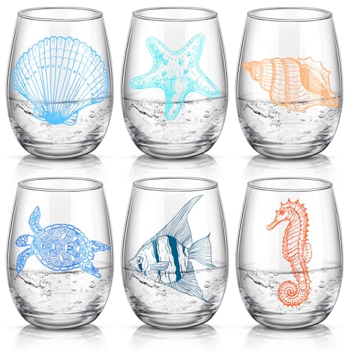 6 Pcs Ocean Stemless Wine Glasses Sea Beach Turtle Starfish Sea C...