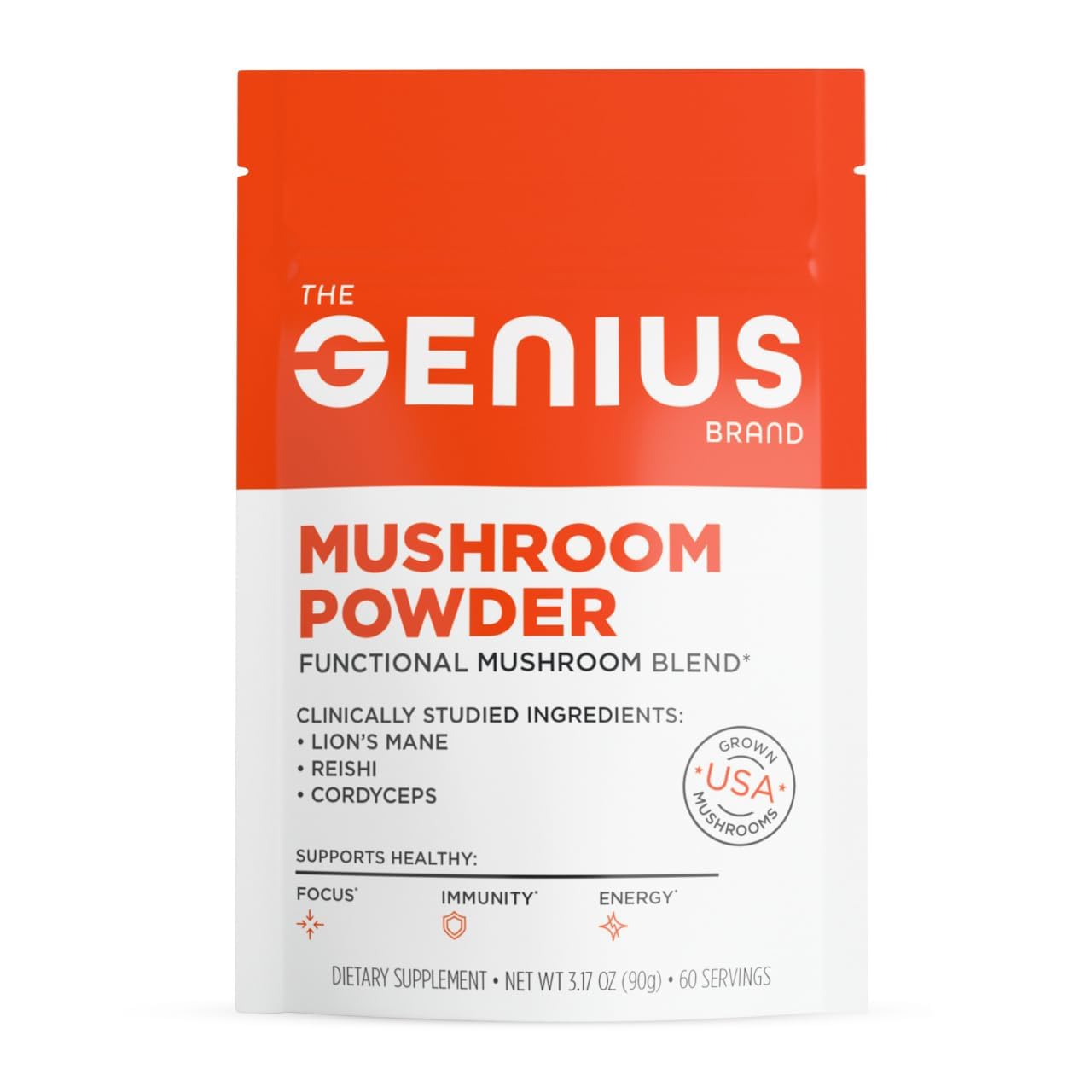 The Genius Brand Pó de Cogumelos Orgânicos de Juba-de-Leão, Cordyceps e Reishi, 90 g, 60 porções