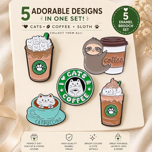 Image of 5Pcs Cute Coffee Cat Sloth Enamel Pin Set Cartoon Animal Coffee Cup Brooch Badges, Funny Lapel Pins for Backpacks, Jackets, Bags, Coffee Lover Gift