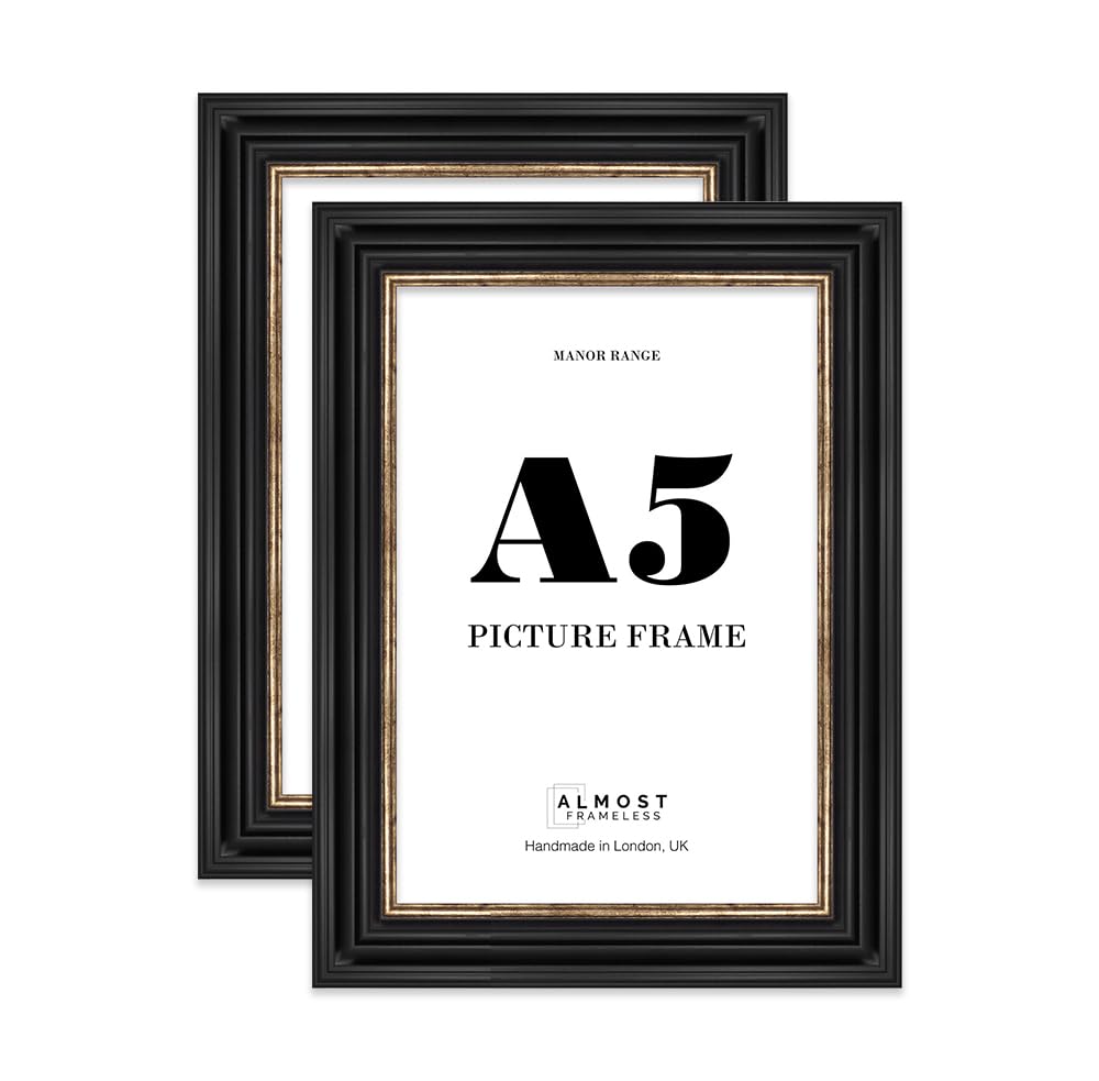 A5 Picture Frame, Display A5 Pictures (14.7 x 21.1cm) - Black & Gold Sophisticated 42mm Edge Room Decor - 2 Pack