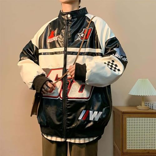 POHADON Mens Varsity Jacket PU Leather Vintage Racing Motor Biker Graphic Bomber Jackets Oversized Unisex Y2k Streetwear2
