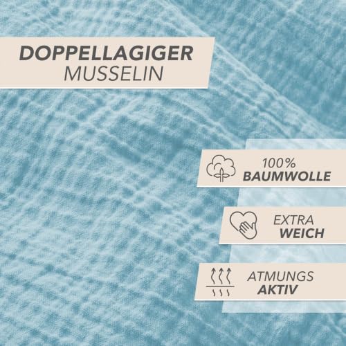 Pure Label Musselin Bettwäsche 4tlg 2x135x200+2x80x80 - Blau – Ansicht 3