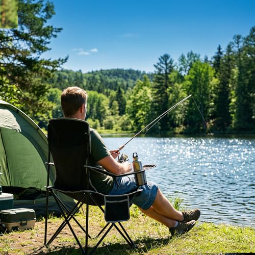 Image of Lightweight 2Pcs Camping Chairs for Adults, Folding Lawn Chair with 4-Can Cooler Bag, Cup Holder,Collapsible Portable Outdoor Chair for Tailgating, Beach, Fishing,Black