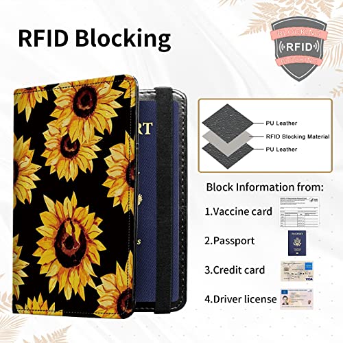 Rossy Passport And Vaccine Card Holder Combo, Passport Holder With Cdc Vaccination Card Slot Pu Leather Rfid Blocking Wallet Travel Documents Organizer Protector Cover For Women Men,Black Sunflowers #TOP2