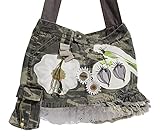 Denim Stoff Unikat Tasche mit Spitze und lustigen Applikationen in Oliv Grün Beige, Romantisch Witzige Umhängetasche mit Tarnmuster in Khaki, StorieBag Glücksbringer Design-Serie