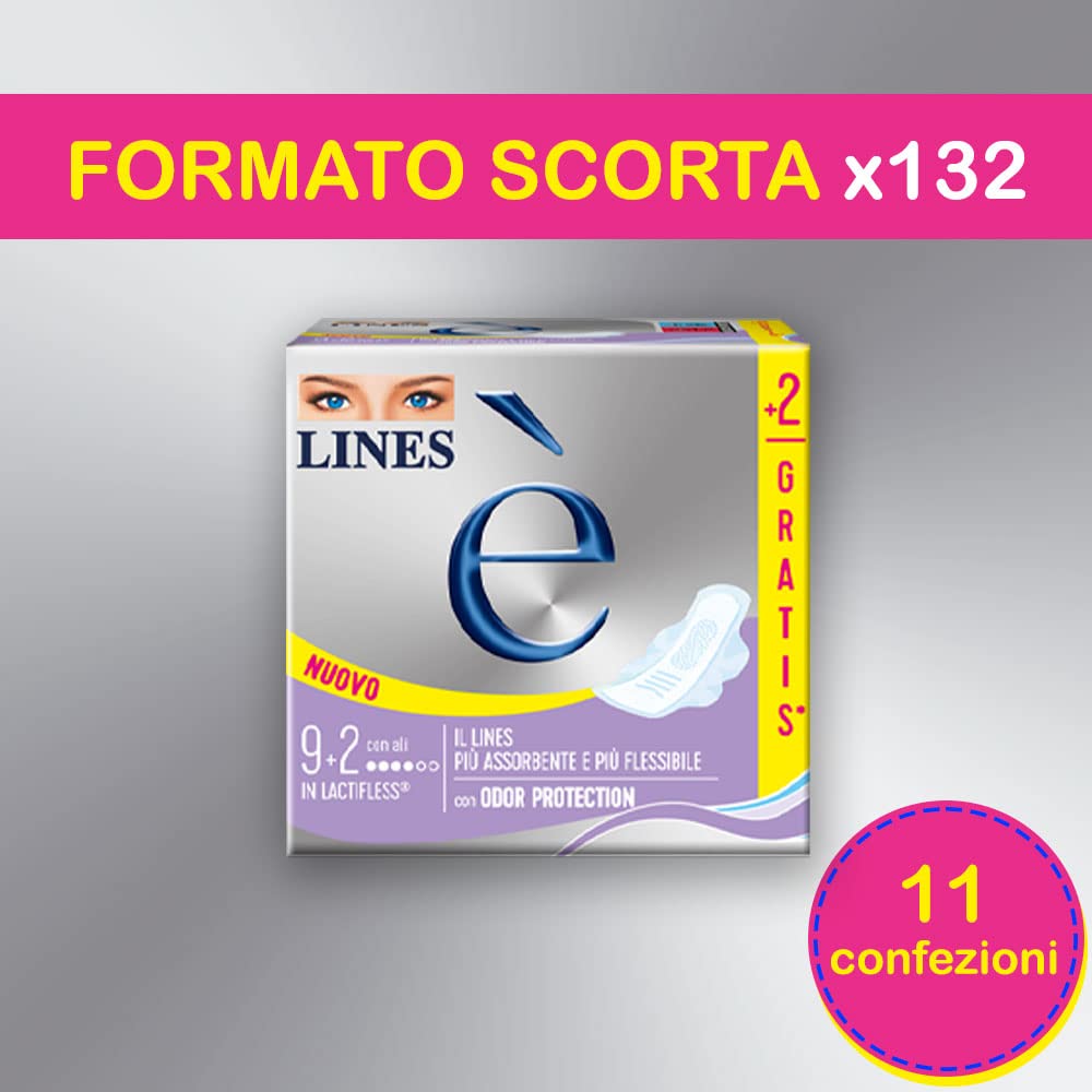 LINES È GIORNO con ali, Pacco scorta da 132 assorbenti per ciclo mestruale, l'unico con struttura in Lactifless, il più assorbente e flessibile della gamma Lines, con Odor Protection