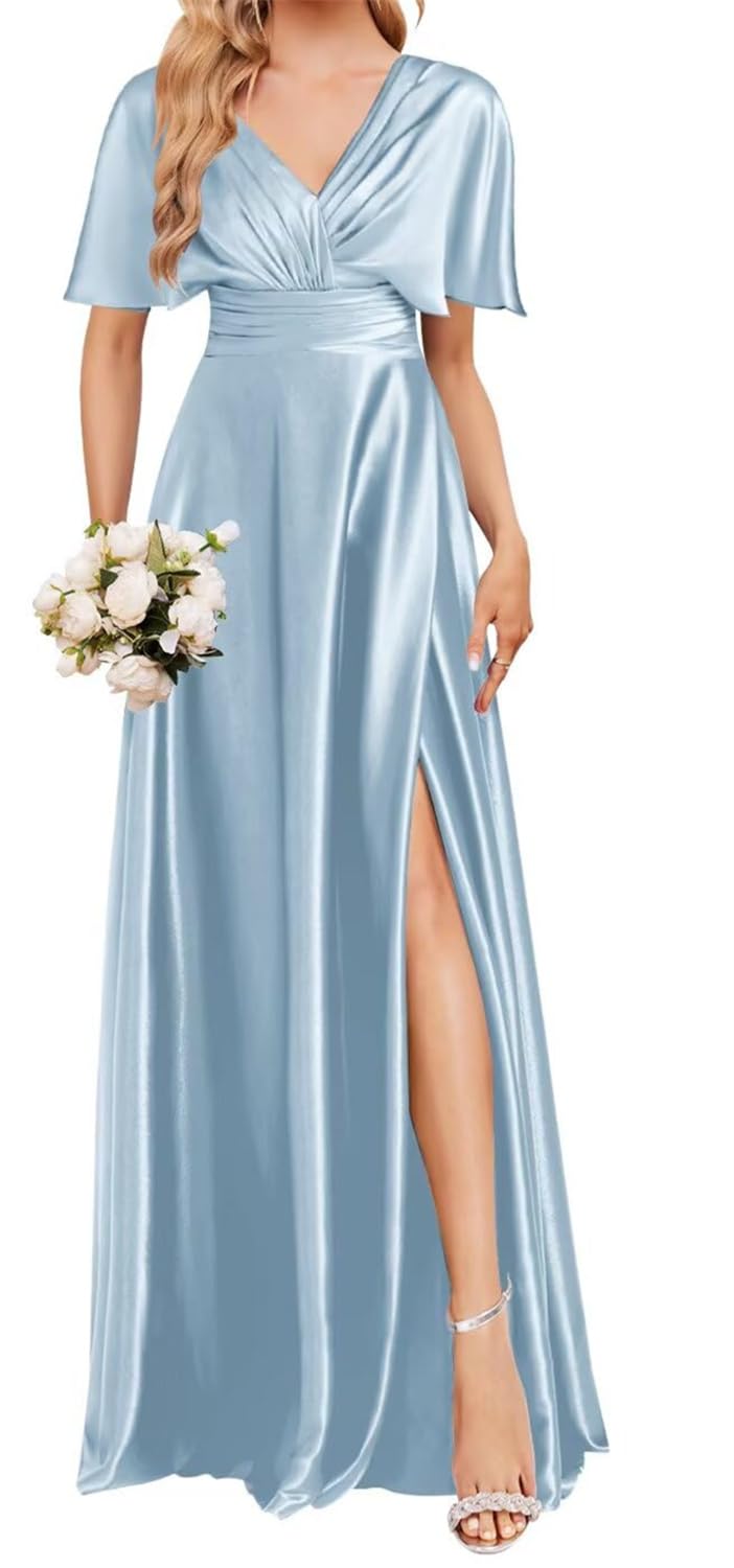 Yiann Women's Light Blue Satin Bridesmaid Dresses With Sleeves For Wedding A Line Ball Gown With Slit Formal Dress Uk24