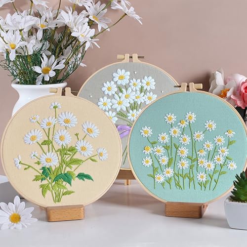 Image of KEKEMEOW 3 Sets Embroidery Kit for Beginners, Stitches with Wild Flower Patterns, DIY Cross Stitch Kits for Adults, Needlepoint Hand Embroidery Kit with Stamped Pattern、Instruction、Hoop