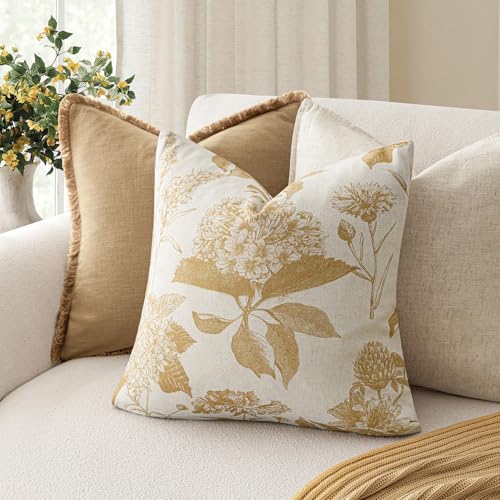 Image of Foindtower Set of 2 Linen Floral Vintage Throw Pillow Covers Neutral Accent Print Decorative Cozy Cushion Covers Farmhouse Home Decor for Sofa Chair Couch Bed Living Room,18x18 Inch,Light Yellow