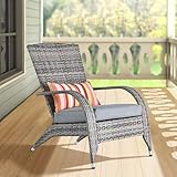 Outdoor Patio Wicker Rattan Adirondack Chair Outside Fire Pit Chairs Comfy Relax Accent Patio Chair Low Deep Seating High Back with Cushion and Pillow for Porch Deck Balcony Lawn Backyard Mixed Grey