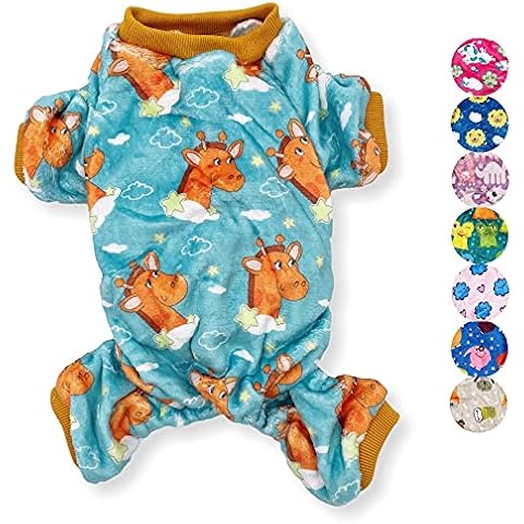 Dog Pajamas Soft Warm Fleece Jumpsuit Cute Pet Clothes for Small and Medium Pet XXS - L (Teal Giraffes, L: Length - 18", Chest 22" - 26") Cover