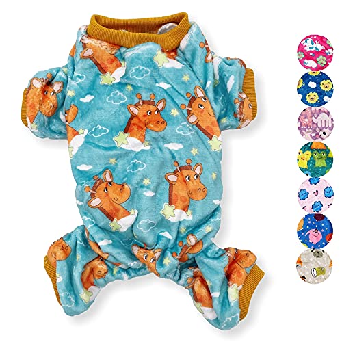 Image of Dog Pajamas Soft Warm Fleece Jumpsuit Cute Pet Outfits Clothes for Small and Medium Pet XXS - L (Teal Giraffes, L: Length - 18'', Chest 22'' - 26'')