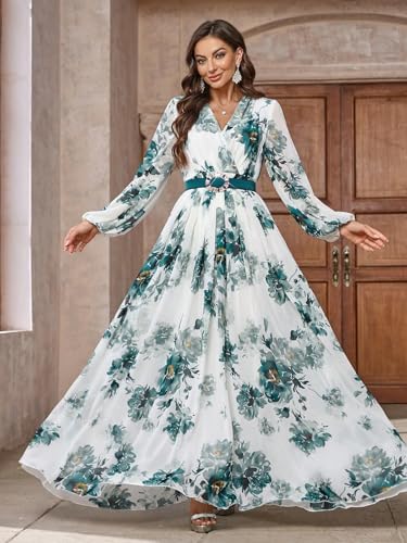 Image of TOLEEN Summer Casual Dresses for Women 2024 Spring Fashion Boho V Neck Long Sleeve Ruffle Floral Print Elegant Maxi Dress