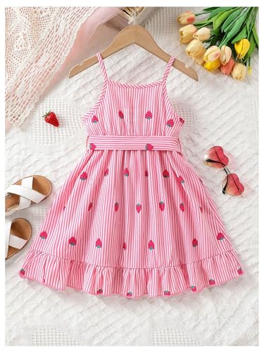 MakeMeChic Toddler Girl's Strawberry Striped Cami Dress Wrap Ruffle Trim Flowy Belted Mini Dresses2