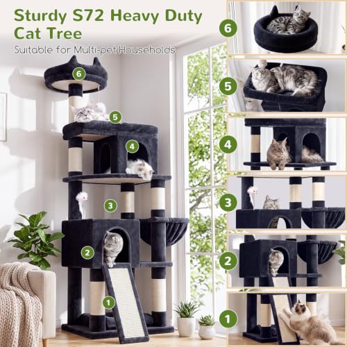 Image of Globlazer Heavy Duty Cat Trees for Large Cats, Sturdy 72in Maine Coon Cat Tree for Large Cats 20 lbs+ Heavy Duty Cat Tower for Adult Biggest Cat with 6 Scratching Posts, Hammock, S72, Smoky Gray