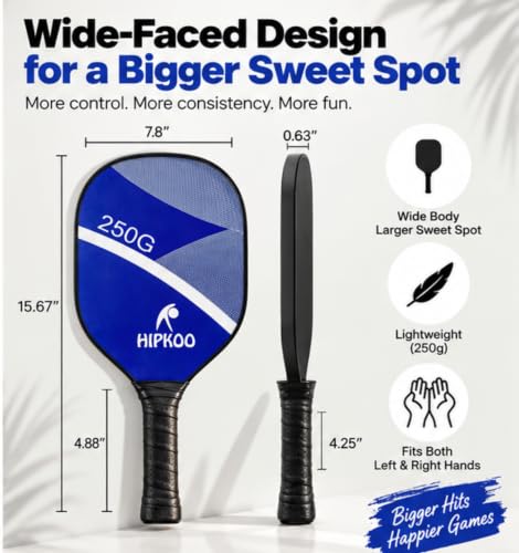 Image of Hipkoo Sports Pickleball Paddle Set Wooden, Includes 2 Paddles, 4 Outdoor Balls and Protective Carry Bag, Cushion Comfort Handle Grip, Durable Pickleball Paddle, Outdoor Game (Blue)