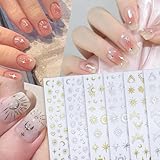 9 Sheets Moon Sun Nail Art Stickers 3D Self-Adhesive Glitter Star Heart Stickers Gold Silver Designs Decals for DIY Nail Tips