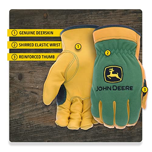 John Deere Jd00008-2Xl Men's Top Grain Deerskin Leather Driver Gloves, Abrasion Resistant, Tan, Green, Water Resistant, 2X-Large #TOP3