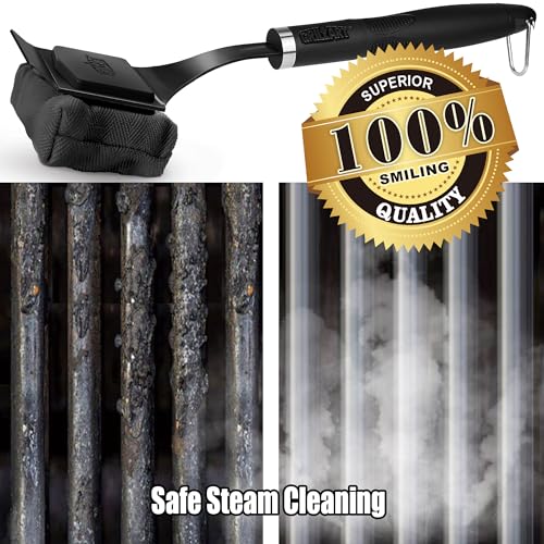Image of GRILLART SteamWizards Grill Brush Bristle Free Outdoor 17 inch No-Wire Cleaning | Safe Reinforced Long Handle, Angled Scraper Reach Corners, Steam Replaceable Pad for Porcelain & All Grate, Gifts for Men /Dad