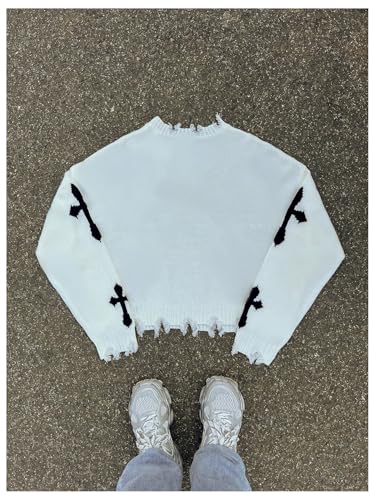 Men's Punk Cross Graphic Sweater Raw Hem Crew Neck Long Sleeve Crop Pullovers2