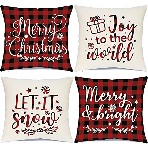 Ueerdand Christmas Pillow Covers 18 x 18 Inch Set of 4 Linen Red and Black Plaid Pillow Covers for Living Room Sofa Home Decor Farmhouse Christmas Decorations Throw Pillow Case Xmas Gifts Ueerdand Christmas Pillow Covers 18 x 18 Inch Set of 4 Linen Red and Black Plaid Pillow Covers for Living Room Sofa Home Decor Farmhouse Christmas Decorations Throw Pillow Case Xmas Gifts