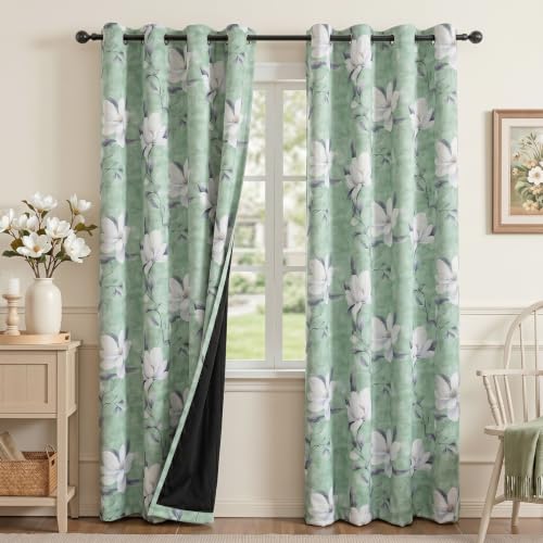 Image of MYSKY HOME Floral 95% Blackout Curtains 96 Inch Long 2 Panels Set for Kitchen White Flower Printed Thermal Insulated Light Blocking Black Out Grommet Window Treatments, 52 inch W Each Panel, Sage Green