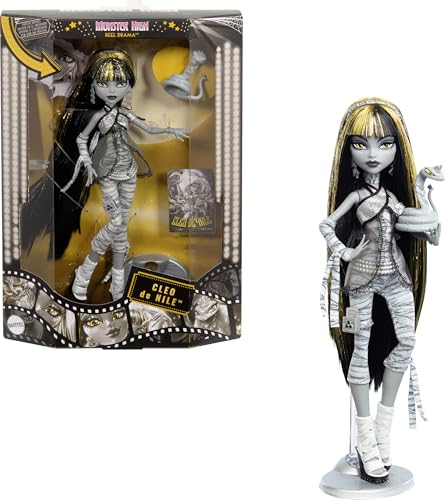 Monster High Drama de filme, boneca de Cleo de Nile, reprodução em preto e branco, colecionável com cartazes em tamanho real e de boneca, temática de filme de terror e animal de estimação, JDR65