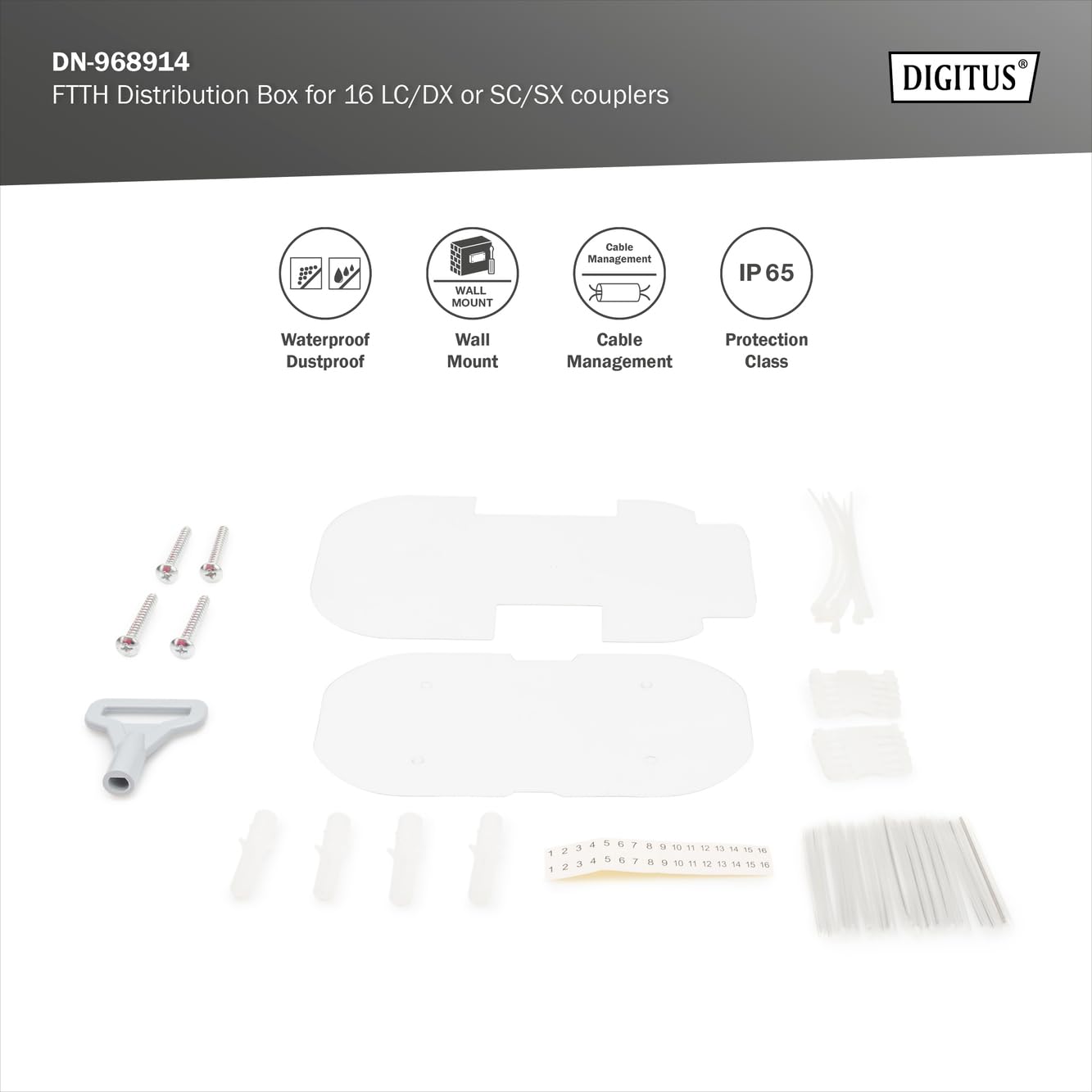DIGITUS Scatola di distribuzione FTTH da esterno - 16x LC/Duplex o 16x SC/Simplex - Classe di protezione IP65 - Cassetta di giunzione per fibra ottica - Grigio