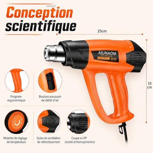 Décapeur Thermique AIUNAOM 2000W Professionnel Pistolet à Air Chaud 50 ℃-650℃ 9 Niveaux de Température Réglables Protection de Surcharge Manche ergonomique 5 accessoires – vue 8