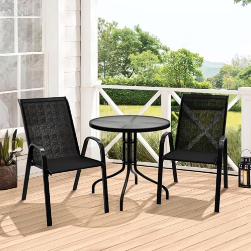 ALFORDSON Black 3-Piece Steel Frame Patio Dining Set, Round 60cm Dia. Tempered Glass Table, 2 Stackable Mesh Chairs, Weather Rust-Resistant, Outdoor Garden Furniture for Lawn/Balcony/Pool Side