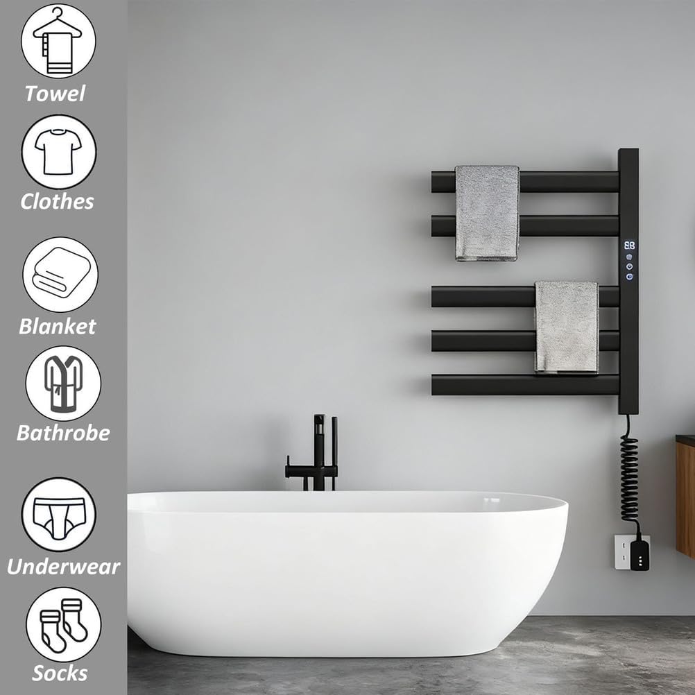 Wall Mounted Electric Towel Warmer Rack, 5-Bar Heated Towel Rack with Timer & LED Display, Fast Heating 115-155℉, 150W, Black - Ideal for Bathrooms