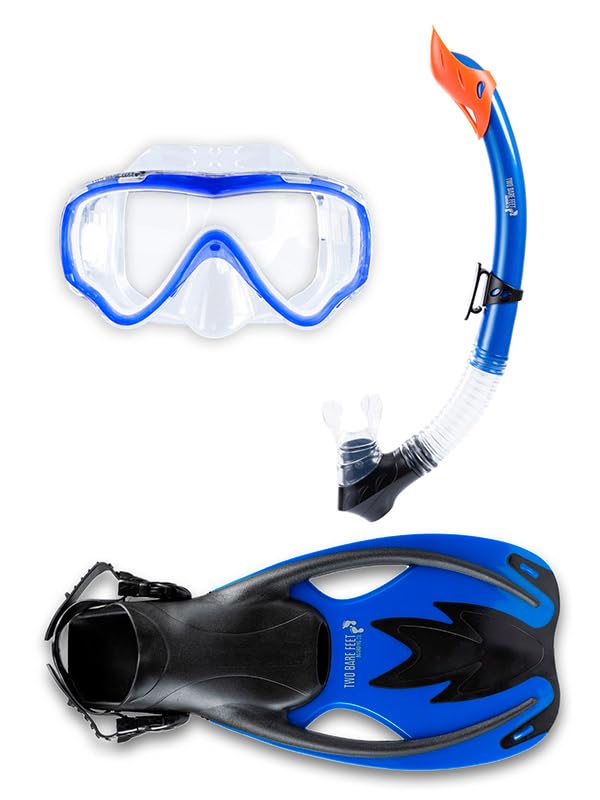 Two Bare Feet Junior Anti-Fog, Wide View Silicone Mask, Snorkel & Fins 3PC Kids Diving Set (Blue, S/M C9-C13)