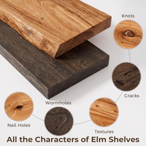 Image of Live Edge Elm Floating Shelves - 20 In Rustic Solid Wood Shelves with Heavy-Duty Invisible Bracket, Wall-Mounted Wooden Shelf for Living Room, Bathroom, Kitchen Storage & Display, Set of 2, Natural