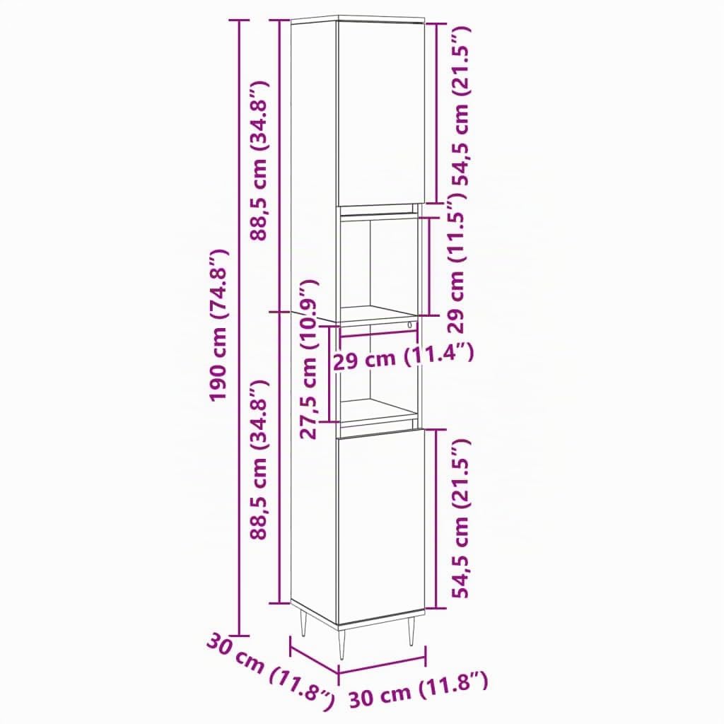 vidaXL Armario de baño Madera contrachapada Roble Sonoma 30x30x190 cm, Armario de Almacenamiento de baño, Unidad de Almacenamiento de baño, Mueble de baño de Piso