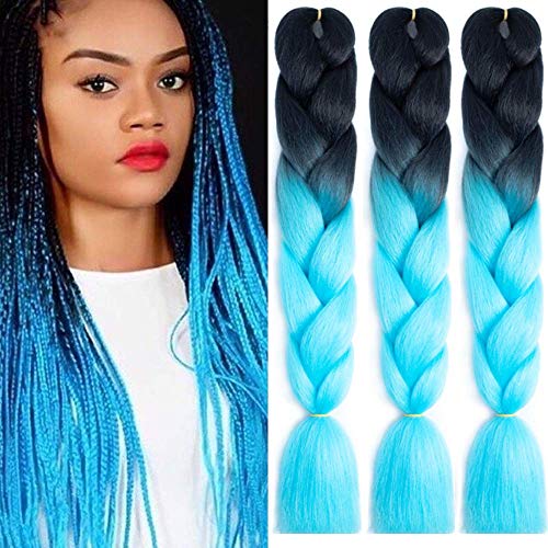 Kanekalon Premium Jumbo Ombre Box Braids Hair Extension 24″, Flechten Kunsthaar Zöpfe Haarverlängerung (60 cm), 3pcs/300g (Schwarz/Hellblau) Cover