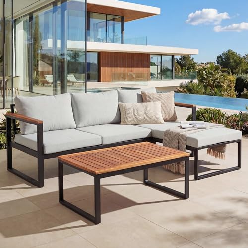 Mendler Garten-Garnitur HWC-L26b, Gartenlounge Sitzgruppe Lounge-Set Sofa, Aluminium Akazie Holz MVG-Zertifiziert - hellgrau