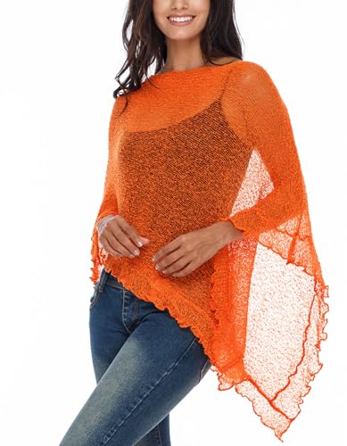 Image of SHU-SHI Women's Sheer Knit Poncho Shrug Lightweight Asymmetrical Ruffle Wrap Dressy Summer Shawl Cover Up Top