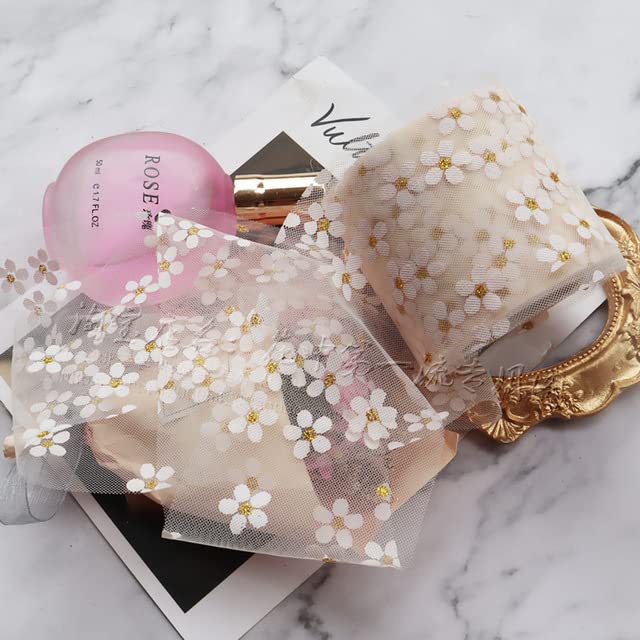 SERVEL 5Yards 6cm Floret Tulle Daisy Ribbon Roll DIY Craft Ribbons for Gift Bow Packaging Cherry Blossoms Printed Mesh Fabric Supplies