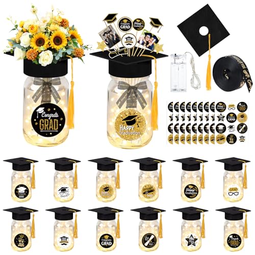 12 Sets Graduation Decorations Mason Jar Graduation Tables Centerpieces for Class of 2026 with Graduation Cap with Hole and Tasse for Flowers Graduation Party Ceremony School Event Decor (Black)